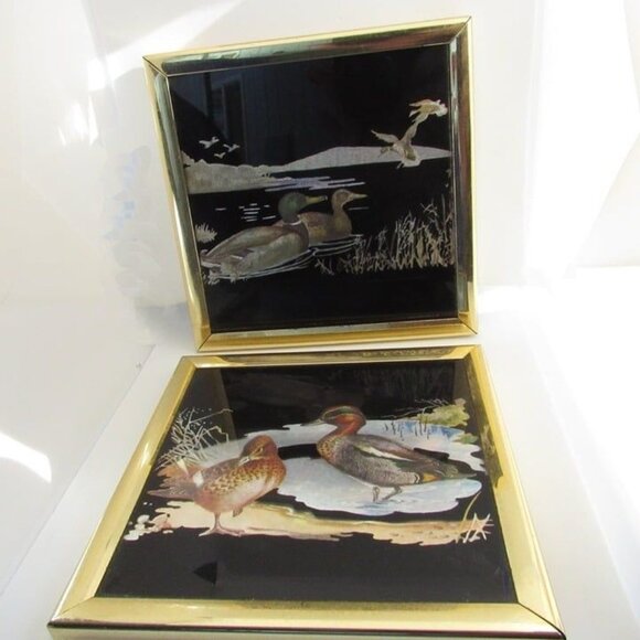 Vintage Pair Kafka Foiled Screened Etching Glass Art Ducks #1016 #1 - Picture 3 of 12